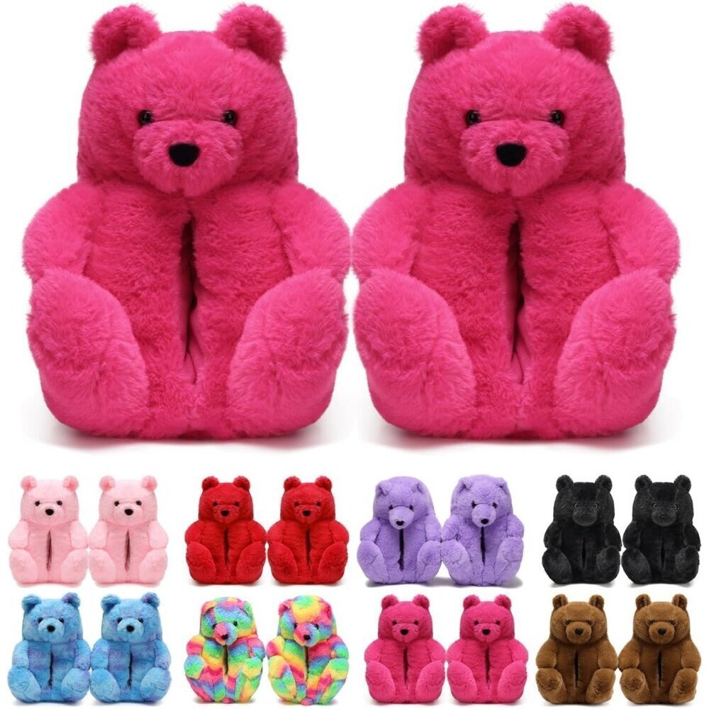 Women's Cute Fuzzy A04-rosered Teddy Bear Slippers Cozy Cartoon Indoor Shoes